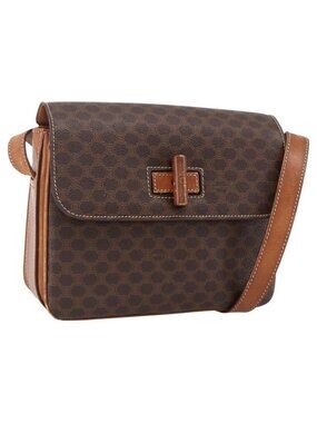 Authentic CELINE Macadam Canvas Shoulder Bag PVC Leather Brown Gold